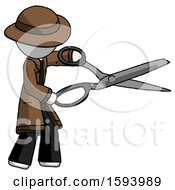 Poster, Art Print Of White Detective Man Holding Giant Scissors Cutting Out Something