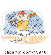 Childlike Drawing Of A Little Boy Playing Baseball Standing At Home Base And Ready To Bat