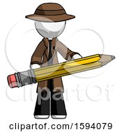 White Detective Man Writer Or Blogger Holding Large Pencil