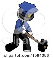 Poster, Art Print Of White Police Man Hitting With Sledgehammer Or Smashing Something At Angle