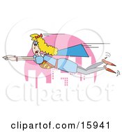 Blond Super Woman In A Blue Cape And Dress Flying High Up Above A City To Rescue Someone Clipart Illustration