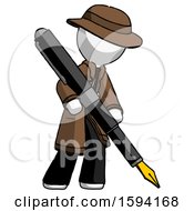White Detective Man Drawing Or Writing With Large Calligraphy Pen