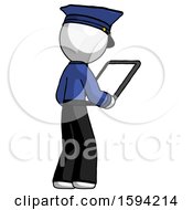 Poster, Art Print Of White Police Man Looking At Tablet Device Computer Facing Away