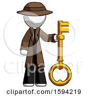 White Detective Man Holding Key Made Of Gold