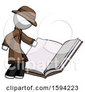 White Detective Man Reading Big Book While Standing Beside It