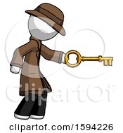 White Detective Man With Big Key Of Gold Opening Something