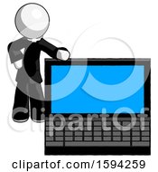 Poster, Art Print Of White Clergy Man Beside Large Laptop Computer Leaning Against It