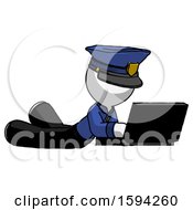 Poster, Art Print Of White Police Man Using Laptop Computer While Lying On Floor Side Angled View