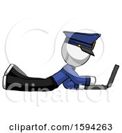 White Police Man Using Laptop Computer While Lying On Floor Side View