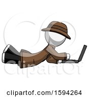 Poster, Art Print Of White Detective Man Using Laptop Computer While Lying On Floor Side View