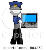 Poster, Art Print Of White Police Man Holding Laptop Computer Presenting Something On Screen