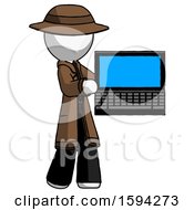 White Detective Man Holding Laptop Computer Presenting Something On Screen