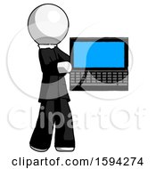 Poster, Art Print Of White Clergy Man Holding Laptop Computer Presenting Something On Screen