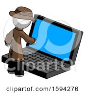 White Detective Man Using Large Laptop Computer