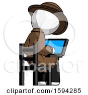 Poster, Art Print Of White Detective Man Using Laptop Computer While Sitting In Chair View From Back