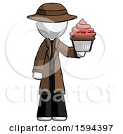 White Detective Man Presenting Pink Cupcake To Viewer