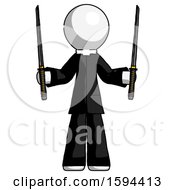 White Clergy Man Posing With Two Ninja Sword Katanas Up