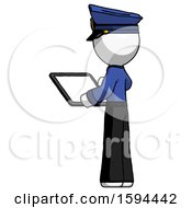 Poster, Art Print Of White Police Man Looking At Tablet Device Computer With Back To Viewer