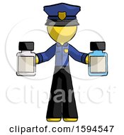 Yellow Police Man Holding Two Medicine Bottles