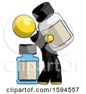 Yellow Clergy Man Holding Large White Medicine Bottle With Bottle In Background