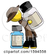 Poster, Art Print Of Yellow Detective Man Holding Large White Medicine Bottle With Bottle In Background