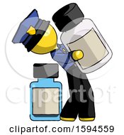 Yellow Police Man Holding Large White Medicine Bottle With Bottle In Background