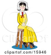 Pretty Colonial Girl Wearing A Bonnet Over Her Hair And A Yellow Dress Seated On A Stool With Her Hands In Her Lap Clipart Illustration