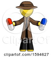 Poster, Art Print Of Yellow Detective Man Holding A Red Pill And Blue Pill