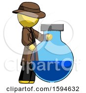 Poster, Art Print Of Yellow Detective Man Standing Beside Large Round Flask Or Beaker