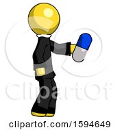 Poster, Art Print Of Yellow Clergy Man Holding Blue Pill Walking To Right