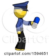 Yellow Police Man Holding Blue Pill Walking To Right