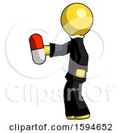 Poster, Art Print Of Yellow Clergy Man Holding Red Pill Walking To Left