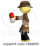 Yellow Detective Man Holding Red Pill Walking To Left