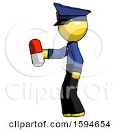 Poster, Art Print Of Yellow Police Man Holding Red Pill Walking To Left