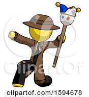 Poster, Art Print Of Yellow Detective Man Holding Jester Staff Posing Charismatically