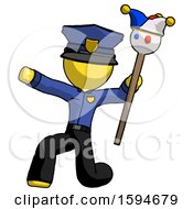 Poster, Art Print Of Yellow Police Man Holding Jester Staff Posing Charismatically