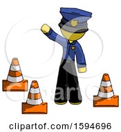 Yellow Police Man Standing By Traffic Cones Waving