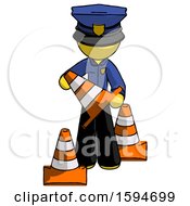Poster, Art Print Of Yellow Police Man Holding A Traffic Cone