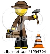 Poster, Art Print Of Yellow Detective Man Under Construction Concept Traffic Cone And Tools