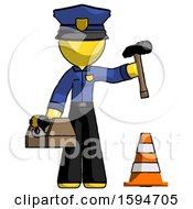 Poster, Art Print Of Yellow Police Man Under Construction Concept Traffic Cone And Tools