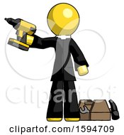 Poster, Art Print Of Yellow Clergy Man Holding Drill Ready To Work Toolchest And Tools To Right