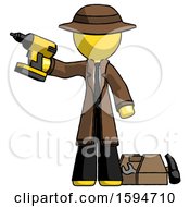 Poster, Art Print Of Yellow Detective Man Holding Drill Ready To Work Toolchest And Tools To Right