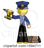 Yellow Police Man Holding Drill Ready To Work Toolchest And Tools To Right