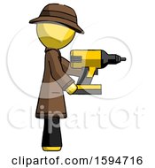 Poster, Art Print Of Yellow Detective Man Using Drill Drilling Something On Right Side