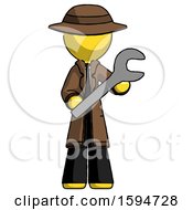 Yellow Detective Man Holding Large Wrench With Both Hands