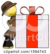 Poster, Art Print Of Yellow Detective Man Gift Concept - Leaning Against Large Present