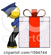 Poster, Art Print Of Yellow Police Man Gift Concept - Leaning Against Large Present