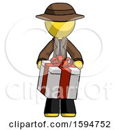 Poster, Art Print Of Yellow Detective Man Gifting Present With Large Bow Front View