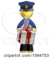 Poster, Art Print Of Yellow Police Man Gifting Present With Large Bow Front View