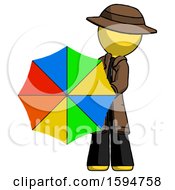 Poster, Art Print Of Yellow Detective Man Holding Rainbow Umbrella Out To Viewer